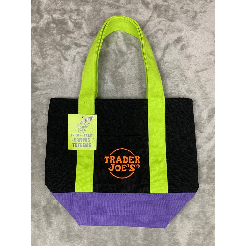 Trader Joe's Trick-or-Treat Canvas Tote Bag Black Neon Green Purple Halloween